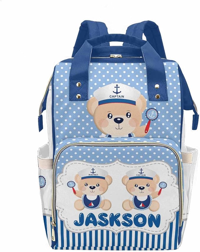 M YESCUSTOM Bag Backpack with Sailor Suit Cartoon Bear Personalized Blue Stripes and Dots Diaper Bag Custom Women Mom Travel Backpack