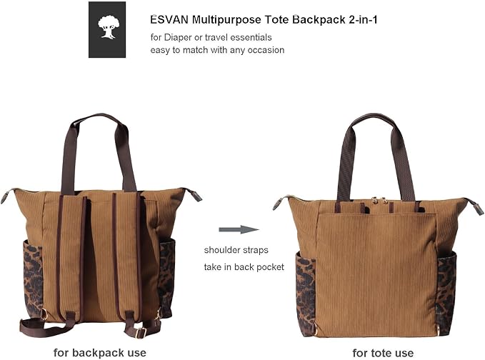 ESVAN Diaper Tote Bag Totepack Backpack 2 in 1 for Women Multifunctional Large Capacity with Insulated Pockets Travel | Multifunctional