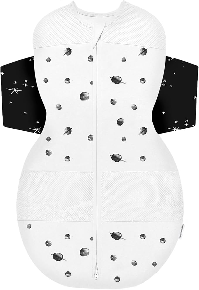 Happiest Baby SNOO Sleep Sack - 100% Organic Cotton Baby Swaddle Blanket - Doctor Designed Promotes Healthy Hip Development (Ivory Planets Black Wings, Large)