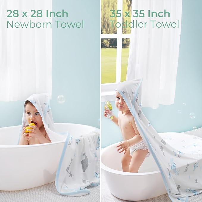 Momcozy Baby Towel with Hooded-Original Design Baby Towel Set -Soft & Absorbent- Shower Gifts or Bath Essential for Infant, Newborn, Toddler, Marine Sea Whale Seal Waves Magic