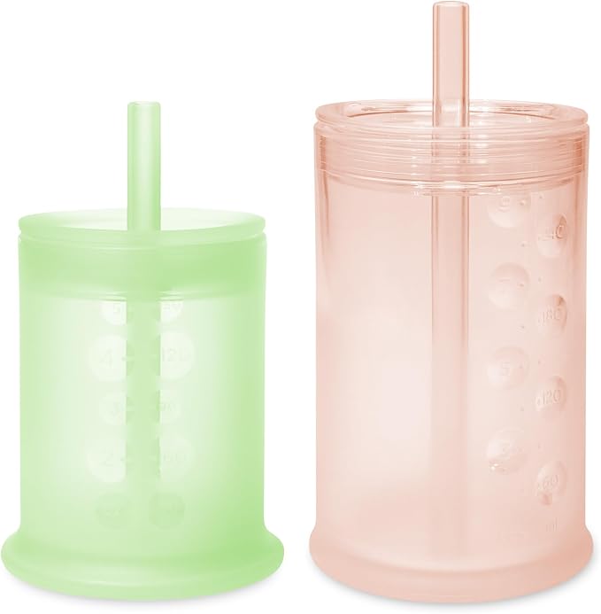 Olababy Silicone Training Cup with Straw Lid Bundle 5oz Kiwi + 9oz Coral