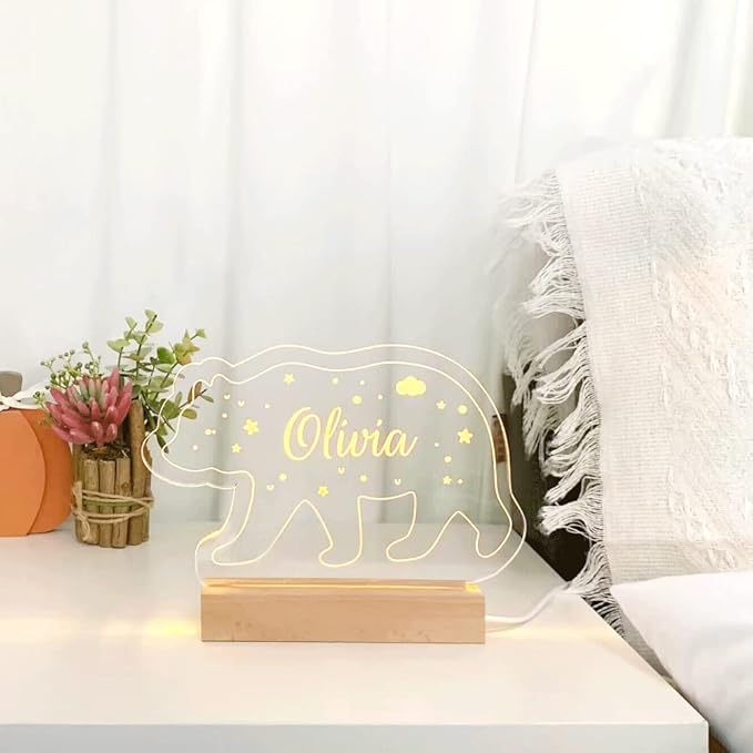 Personalized Name Night Light with Moon, Custom Name Led Lamp for Baby Kids, Brighter Made Customized Night Light Gift for Girl Boys (Bear)