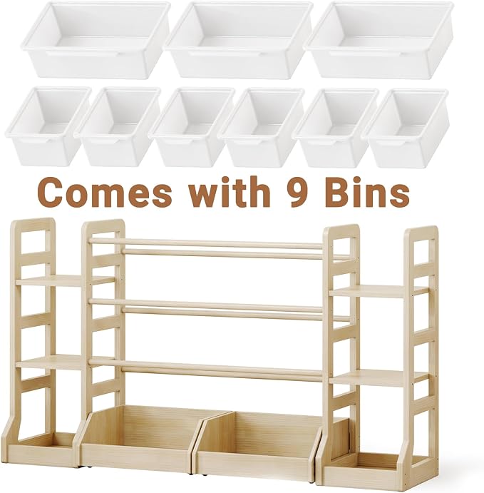Kids Toy Storage Organizer with Bookshelf, Wooden Toy Shelf with 6 Shelves and 9 Bins and 2 Wheeled Drawers, Extended Base Storage Cabinet for Playroom, Kids Room, Nursery Organization
