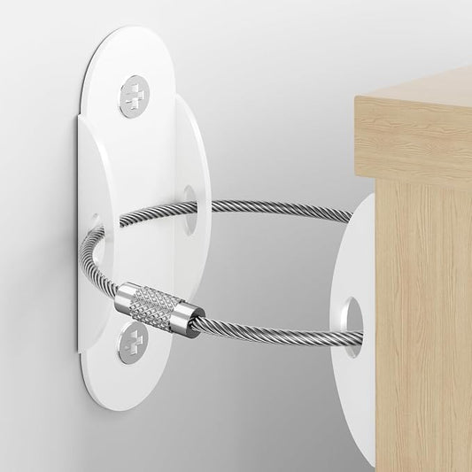 RORMGO Furniture Anchors 10-Pack, Anti Tip Furniture Anchors for Baby Proofing, Extra-Strong Metal Wall Anchor Straps with Steel Cable to Secure Dresser, Bookcase, Wardrobe & Cabinet, White