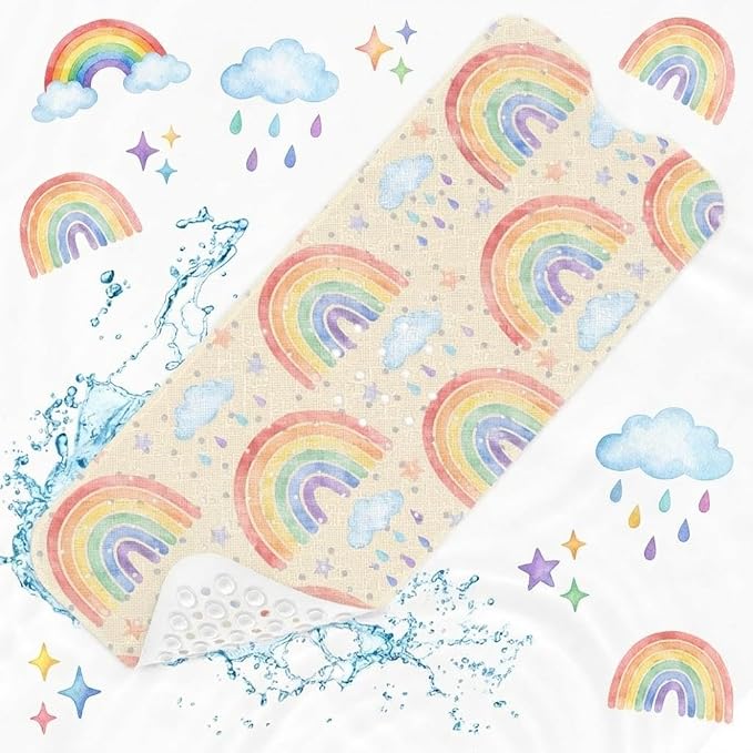 Rainbow Boho Bathtub Shower Mat Cute Cloud Non-Slip Tub Extra Long Bath Floor 40X16 Inch Machine Washable for Bathroom Tub Bath Mat for Toddler and Baby