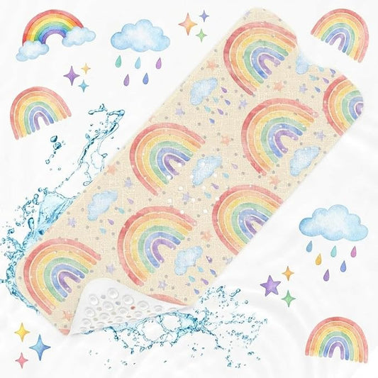 Rainbow Boho Bathtub Shower Mat Cute Cloud Non-Slip Tub Extra Long Bath Floor 40X16 Inch Machine Washable for Bathroom Tub Bath Mat for Toddler and Baby