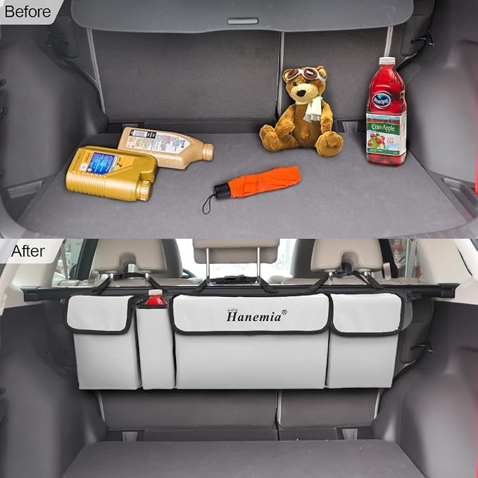 Car Trunk Organizer and Storage, Backseat Hanging Organizer for SUV, Truck, MPV, Waterproof, Collapsible Cargo Storage Bag with 4 Pockets, Car Accessories for Men and Women (Beige)