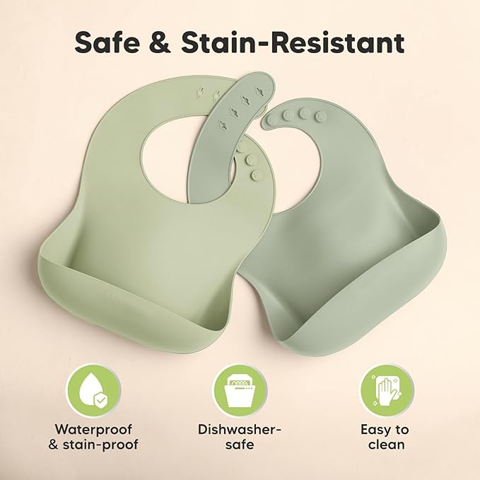 KeaBabies 2-Pack Silicone Bibs for Babies, Toddlers Girl, Boy ??Sturdy Food-Grade Baby Bibs for Eating, Large Food Catcher, Clean & Put On Easily, Waterproof Toddler Feeding Essentials (Sage)