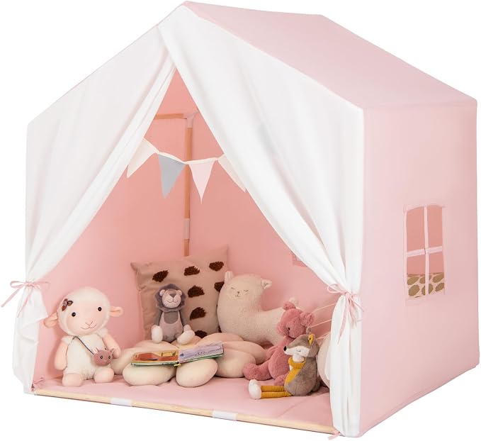 HONEY JOY Kids Play Tent, Toddler Tent Indoor Playhouses with Mat, Windows, Curtain, Solid Wood Frame, 52" x36" x 52", Large Children Princess Castle Play Tent for Boys Girls (Pink)