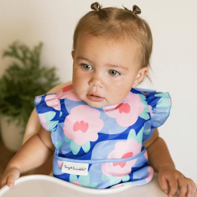 Tiny Twinkle Mess-Proof Baby Bibs for Eating | Waterproof, Wipeable Toddler Bibs with Catch-All Pocket | Feeding Bibs for Girls & Boys(3 Pack,Blue Floral)