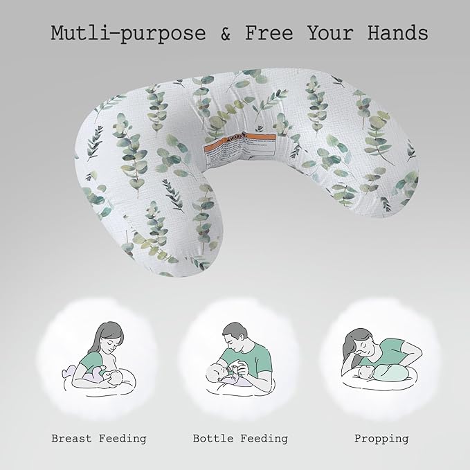 Little Grape Land Muslin Nursing Pillow, Soft 100% Cotton Breastfeeding Pillow with Breathable Removable Cover, Green Leaves Breast Feeding Pillows for Babies 0-12 Months with Protective Zipper