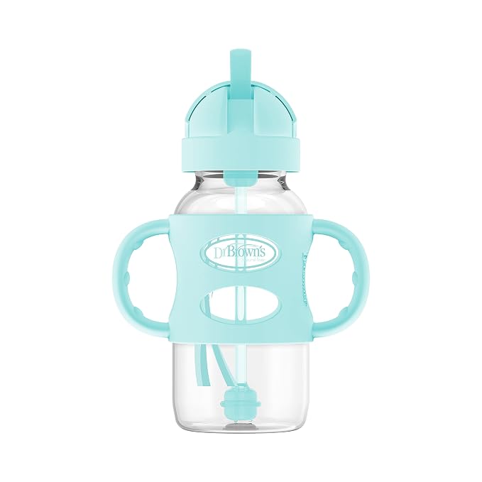Dr. Brown's Wide-Neck Sippy Straw Bottles with Silicone Handles, Gray and Green, 9oz/270ml, 2-Pack