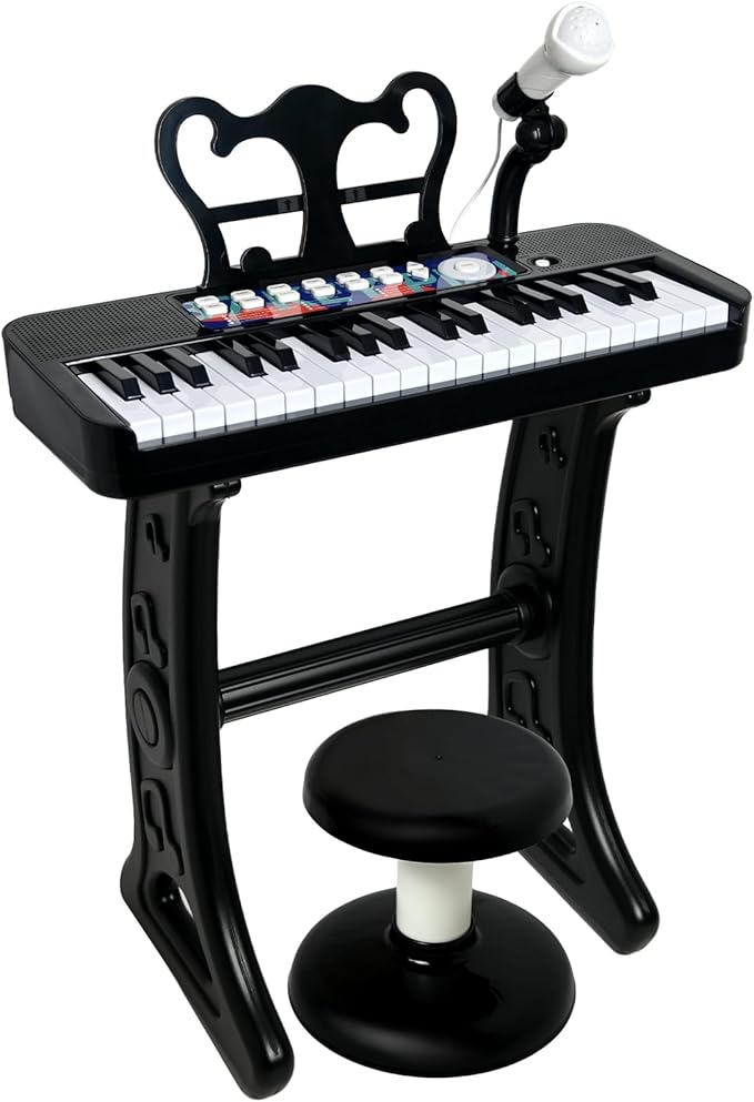 Love&Mini Piano Toy for Kids - 37 Keys Piano Keyboard Toy with Stool and Microphone, Black Electronic Musical Instrument Birthday Gift for Kids 3 4 5 6 7 8 Years Old Boys and Girls