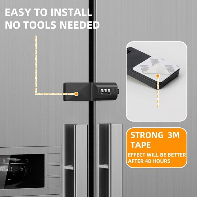 French Door Fridge Child Proof Lock Keyless Password Code Baby Safety Double Door Refrigerator/Freezer Locks for Kids, Adhesive Cabinet Cupboard Lock Easy to Install (1, Black)