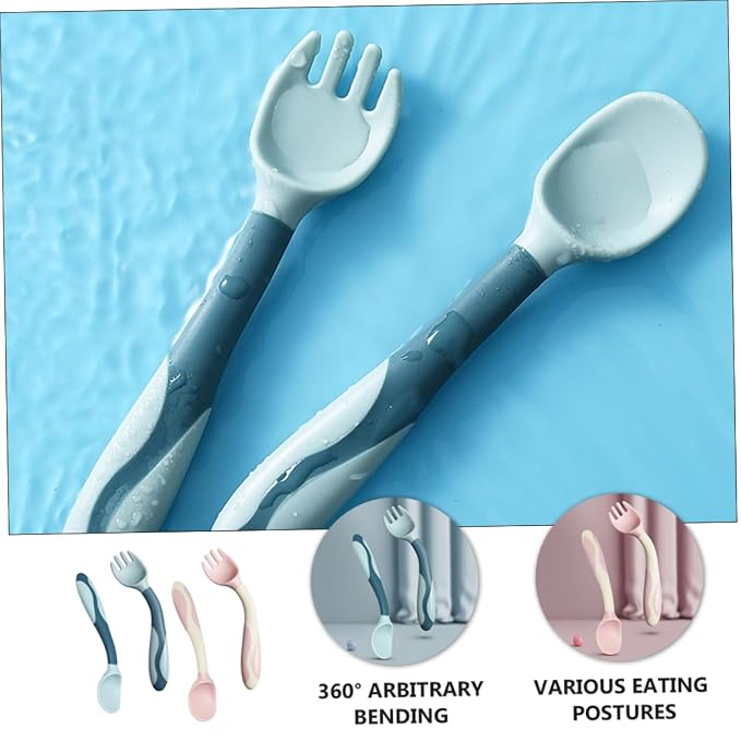 Healifty 2 Sets Silicone Training Spoons and Forks Flexible Bendable Tableware Soft Feeding Utensils Portable Lightweight for Dining