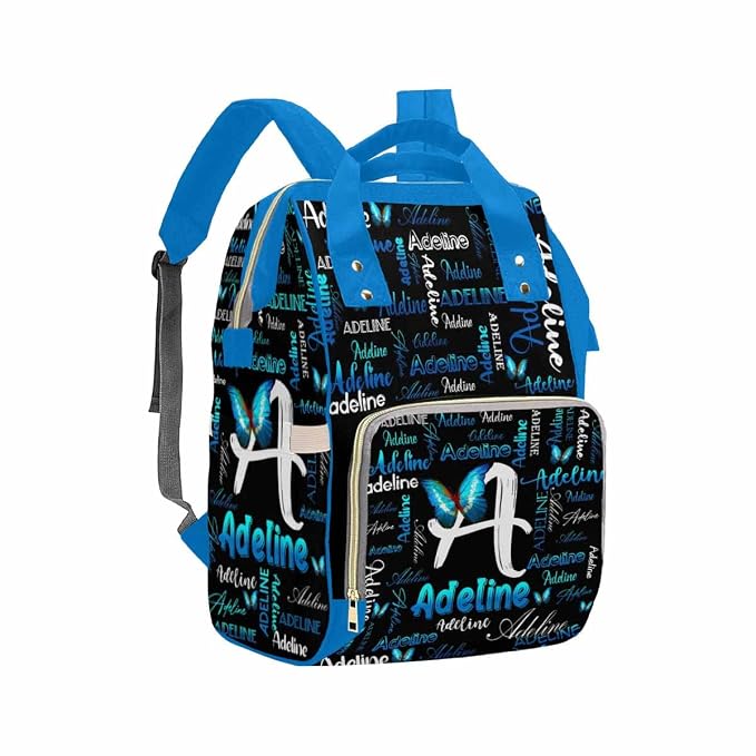 InterestPrint Personalized Diaper Bag with Name Custom Blue Butterfly Monogram Diapering Bags Customized Signature Mommy Nappy Bag Fashion Backpack Shoulder Bag Casual Daypack Bag for Travel Outside
