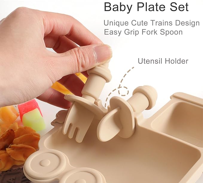 Baby Suction Plate Silicone, 5 Piece Baby Feeding Set - Non Slip Unique Trains Toddler Plates with Fork Spoon, Kids Baby Weaning Plate for No More Meal Time Mess (Beige)