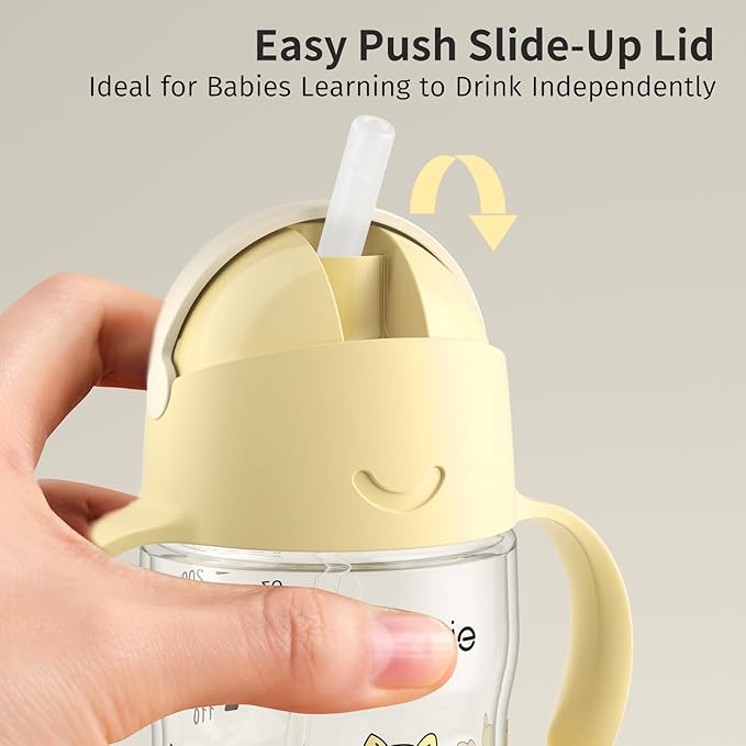 Evorie Tritan Weighted Straw Sippy Cup with Handles for Baby and Toddlers, Spill Proof Baby Water Bottle with Straw for 6 months and up, 7 Oz, Infant Training Water Bottle (Puppy Yellow)