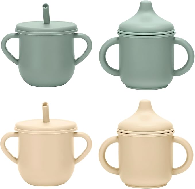 Silicone Toddler Cups Set, 2 Straw Cups and 2 Sippy Cups for 6+ Months Baby, Leakproof Spillproof Training Cups with Handles, Easy Clean (Green+Beige)