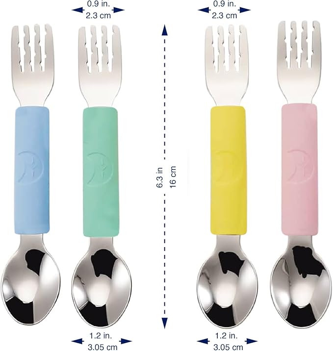Rowers&Moon Stainless Steel Fork and Spoon Set for Toddlers and Babies, Children's Utensils, BPA-free Silicone Handle, Dishwasher Safe, 2 in 1 Self-Feeding, Travel-Friendly, Portable