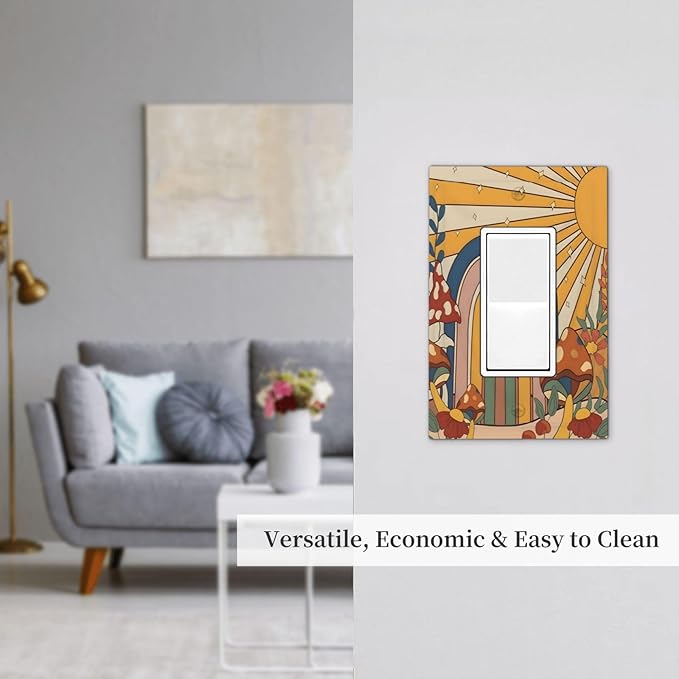 Boho Sun Rainbow Mushroom Hippie Vintage Floral Decorative Outlet Covers 1 Gang Single Rocker Light Switch Cover Plate Wall Plates GFCI Faceplate for Kids Room Nursery Decor