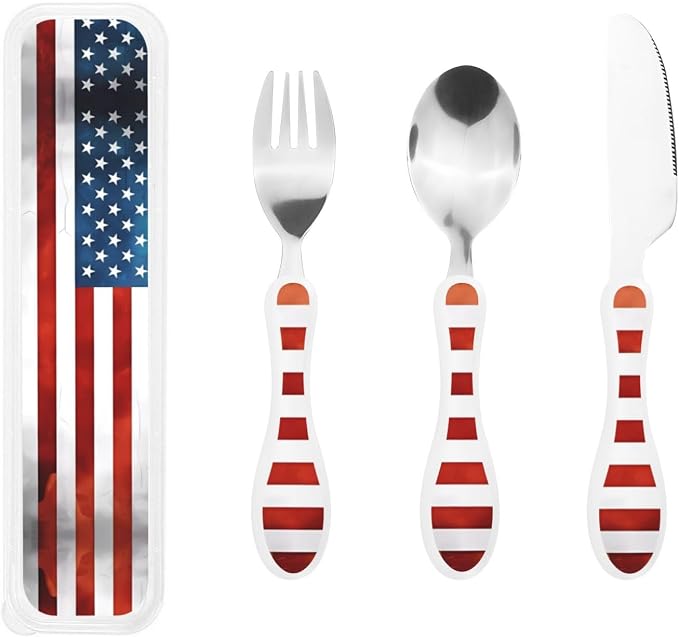 Vintage American USA Flag Print Knife, Fork and Spoon Set - Stainless Steel Flatware Set, Silicone Handle, Durable Kitchen Utensils