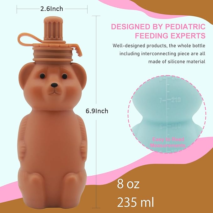 Mootikar Honey Bear Silicone Straw Cup, Babies Water Drinking Cup, 8-Ounce Therapy Sippy Bottles for Speech and Feeding Training, BPA Free & Dishwasher Safe (BROWN)
