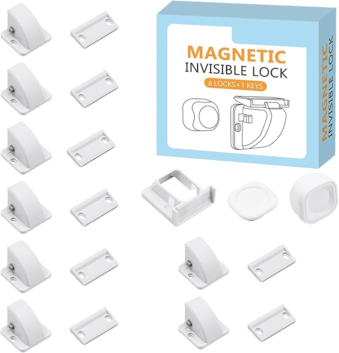 Magnetic Cabinet Locks for Baby Safety, No Drill Adhesive Child Proof Latches, No Tools Needed for Easy Installation, Secure and Multi-Purpose for Drawers and Cupboards(8 locks and 1 Key)