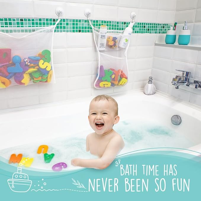 Comfylife 2 x Mesh Bath Toy Organizer + 6 Ultra Strong Hooks + 36 Bath Letters & Numbers ??Eco-Safe, Fun, Educational Foam Letters and Perfect Toy Storage Net for Baby Bath Toys & More