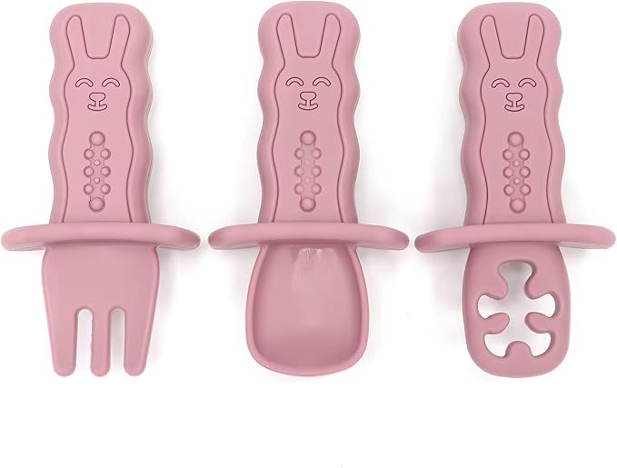 Baby Feeding Utensil Set, 3-piece Silicone Spoon, Fork & Training Feeder for Toddlers (Pink)