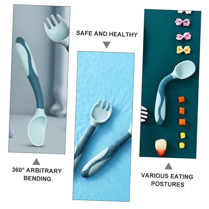 Garneck 2 Sets Silicone Feeding Utensils with Non Slip Handles Soft Flexible Spoons and Forks for Lightweight Portable Tableware in