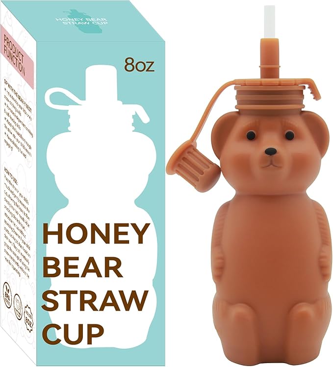 Mootikar Honey Bear Silicone Straw Cup, Babies Water Drinking Cup, 8-Ounce Therapy Sippy Bottles for Speech and Feeding Training, BPA Free & Dishwasher Safe (BROWN)