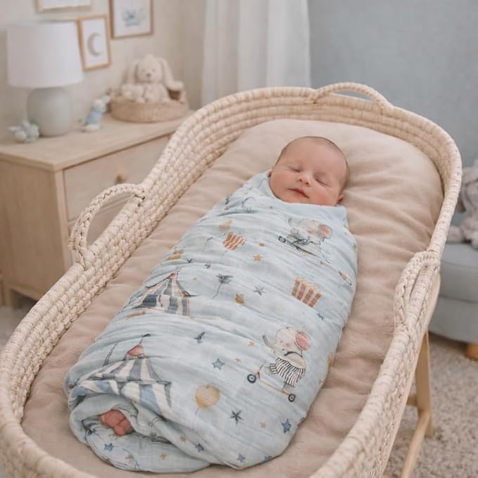 Ali+Oli Muslin Swaddle Blanket for Baby (Circus) Large 47" x 47" Soft Rayon Made from Bamboo & Organic Cotton, Machine Washable Receiving Blanket Wrap for Newborn to Toddler