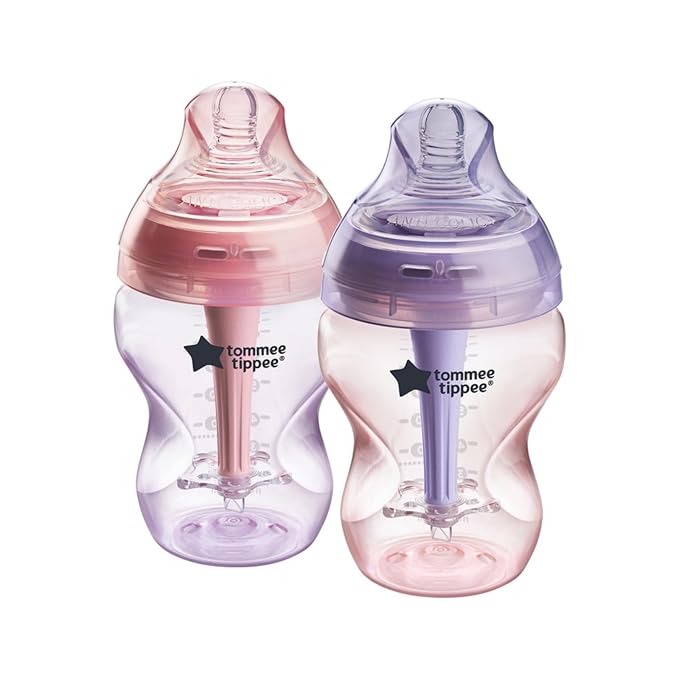 Tommee Tippee Advanced Anti-Colic 9 oz BPA Free Baby Bottles,Newborn 0+ Months,Slow Flow Breast-Like Nipple,Unique Design Keeps Air Away from Milk and Baby,Pink and Purple,(Pack of 24)