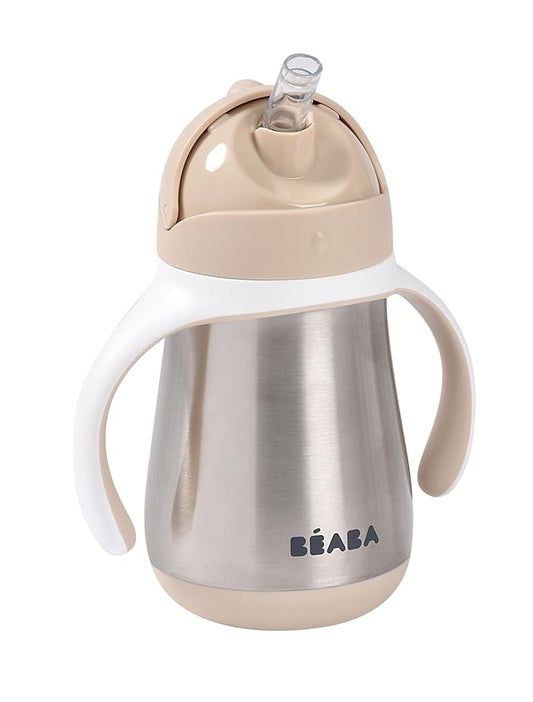 Beaba Stainless Steel Straw Sippy Cup, Insulated Toddler Cups Spill Proof with Removable Handles, Made with High Grade Stainless Steel, 8+ months, 8.5 oz Oat