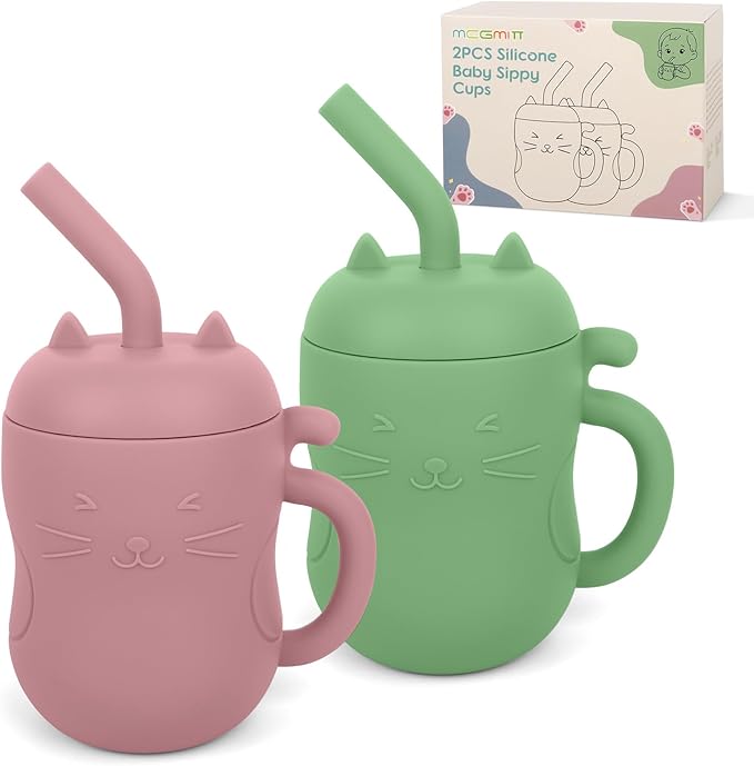 MCGMITT Silicone Baby Sippy Cup, 2 Pack Spill Proof Straw Cup for 6 12 18 Months, 5oz BPA Free Non Toxic Toddlers Training Cup with Handle, Soft Toddler Water Cup for 1 2 3 Years Old Oral Development