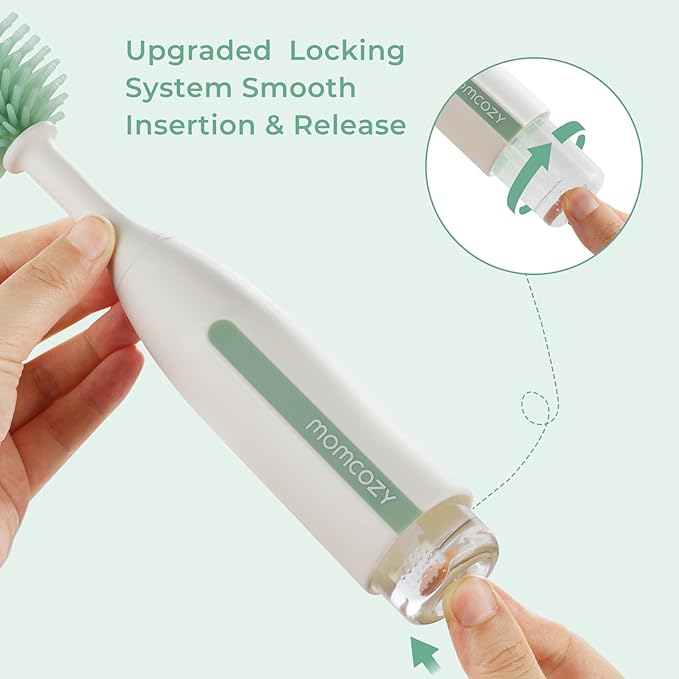 Momcozy Bottle Brush Kit Pro, Innovative Push-Press Design for Deep Cleaning - Bottle Cleaner Brush for Bottle/Breast Pumps/Nipple - Clog-Free Brush & Foam-Generating Design for Better Cleaning, Green