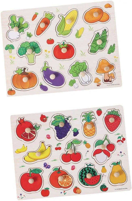 Abaodam 2PCS Wooden Peg Knob Puzzles for Educational Early Learning Preschool Fruit and Vegetable Shapes Hand Eye Coordination Fine Motor Skills Development