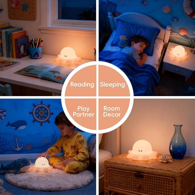 Octopus Night Light for Kids, Cute Silicone Animal Night Light, Rechargeable Tap Control Nursery Lamp with Timer, 3-Level Dimmable Squishy Bedside Lamp for Baby Girls Boys Room Decor Gift