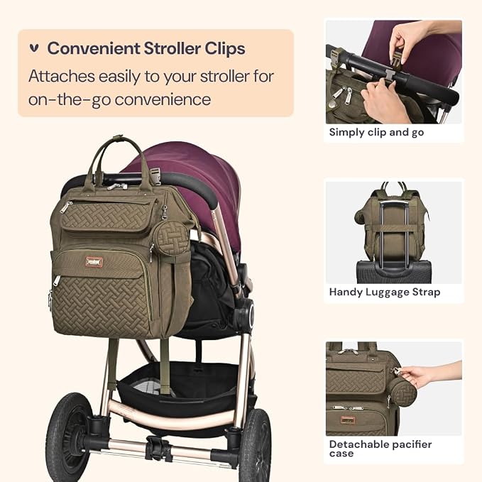 BabbleRoo Diaper Bag Backpack, Multifunction Nappy Changing Bag with Changing Pad, Stroller Straps & Pacifier Case, Unisex Stylish Travel Back Pack for Moms & Dads - Army Green