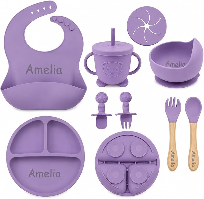 Personalized Silicone Baby Feeding Set with Engraved Name - Custom Baby Bib, Suction Plate, Bowl and Spoon - Silicone Weaning Set - Ideal First Birthday