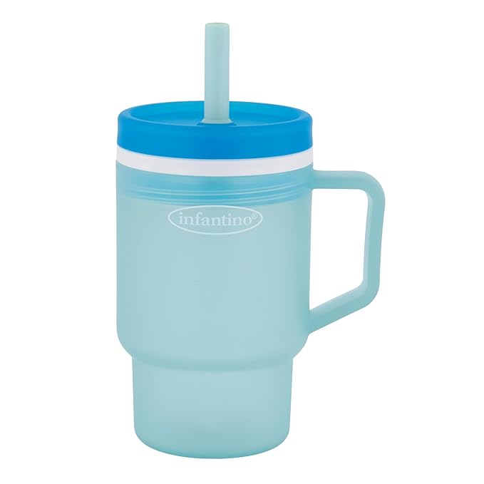 Infantino My 1st Tumbler, 10 Oz. Durable Plastic Sippy Cup with Straw & Handle, Spill-Resistant, for On-The-Go, BPA-Free Transition Baby Cup, Moody Blue