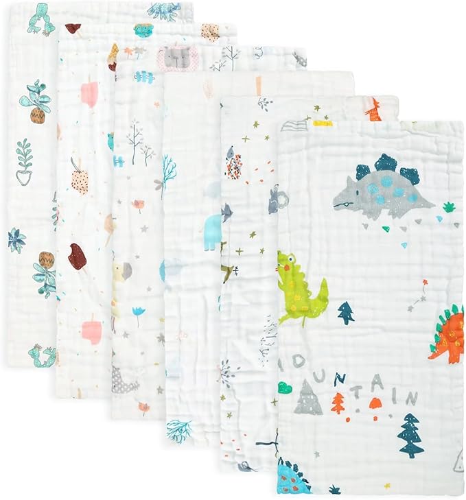 FOOK FISH Muslin Burp Cloths Cotton Burping Cloth 20'‘ X 10’' Pack of 6, Baby Spit Up Cloths for Newborn, Absorbent, Soft, Breathable Large, Premium 6-Layer Construction, Unisex, for Boys and Girls
