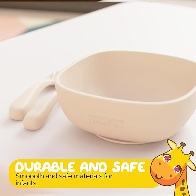 Silicone Baby Feeding Set with suction bowls for baby baby utensils 6-12 months in Beige color - (3 Piece Set) made with Baby Safe Silicone bowls for baby