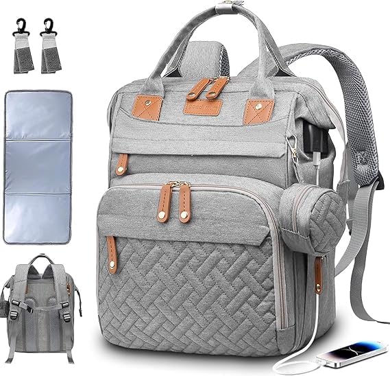 Diaper Bag With Changing Pad, Travel Waterproof Bagpack Diaper Bag For Mom Dad With USB Charging Port, Large Capacity & Multifunctional With Insulated Pacifier Case - Grey