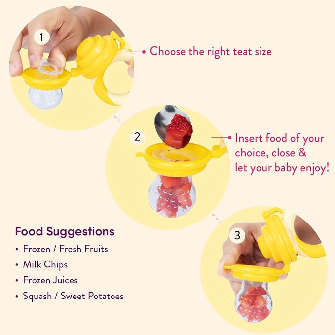 NatureBond Baby Food Feeder/Fruit Feeder Pacifier Nibbler (2 Pack) - Infant Teething Toy Teether Weaning in Appetizing Colors | + Additional Silicone Sacs