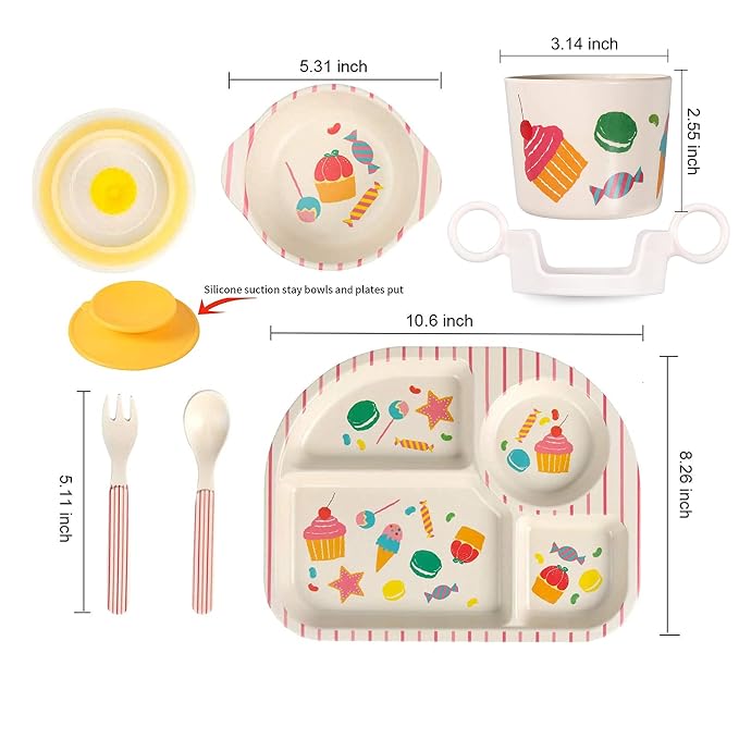 shopwithgreen 7Pcs/Set Bamboo Kids Dinnerware Set - Children Dishes - Food Plate Bowl Cup Spoon Fork Set Dishware, Cartoon Tableware, Dishwasher Safe Kids Healthy Mealtime, BPA Free