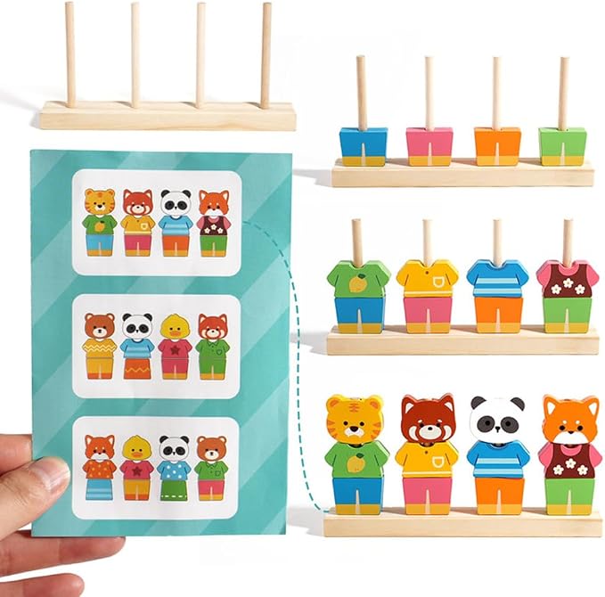 Wooden Animal Dress Up Peg Stacking Toy, Mix & Match Outfit Matching Game with Guide Cards