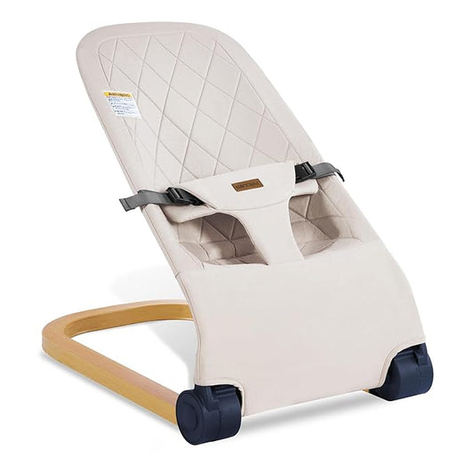 Baby Bouncer,Portable Baby Bouncer Seat & Foldable with 3 Height Adjustments, Ergonomic Bouncer for Babies 0-6 Months, Wood Grain Style, Natural Vibrations, Includes Storage Bag (Beige)