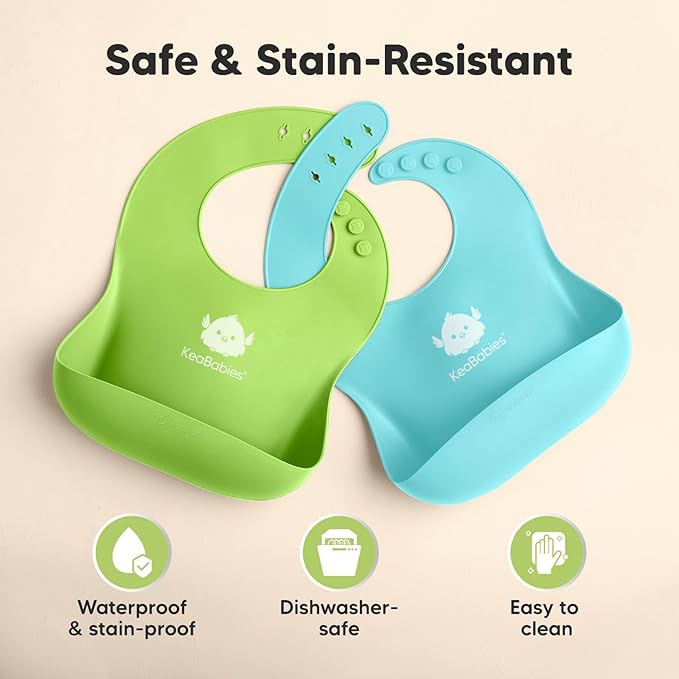 KeaBabies 2-Pack Silicone Bibs for Babies, Toddlers Girl, Boy ??Sturdy Food-Grade Baby Bibs for Eating, Large Food Catcher, Clean & Put On Easily, Waterproof Toddler Feeding Essentials (Cloud Nine)